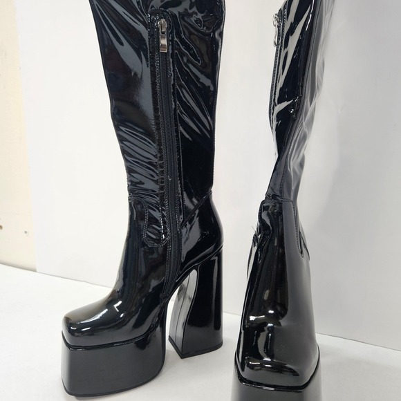 ElegaStep Black Patent Platform Chunky Heel Over The Knee Boots Women's Size 6 - Picture 3 of 16